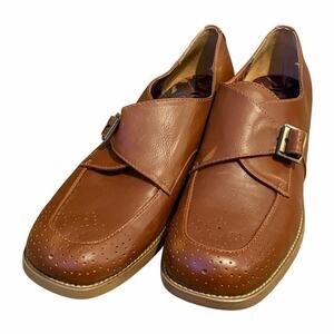 Korks Theodore Monk Shoe Slip On Loafer Brogue Heel Faux Leather Brown Size 8.5